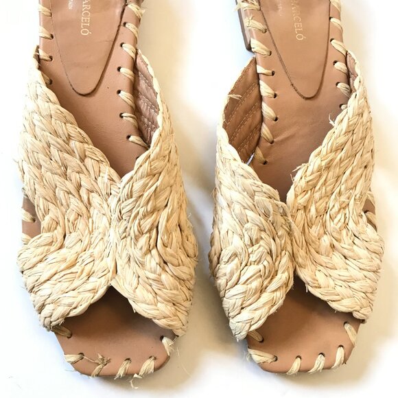 Paloma Barcelo Raffia Sandals Slide Womens 39 9 Natural Open Toe Slip On Leather - Picture 2 of 10